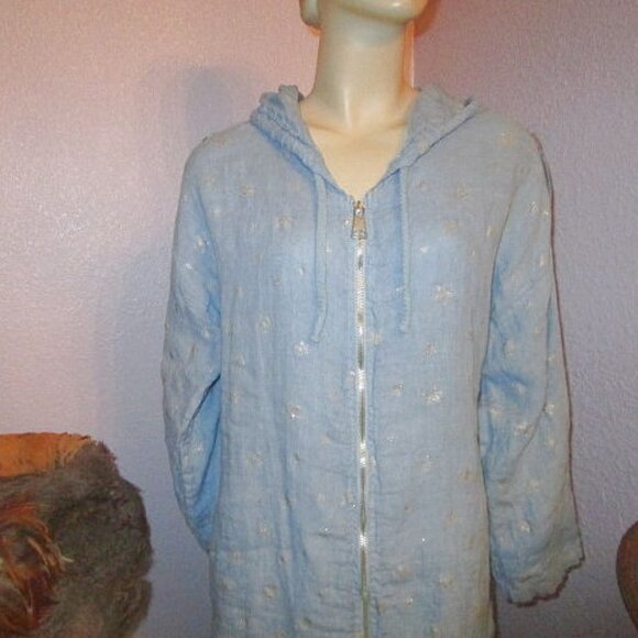 Linen Womens Jacket Size XL Pockets Full Zip Hoodie Long Sleeves Metallic Stars - Picture 3 of 12